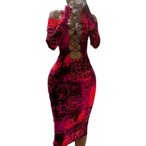 Leopard Print Off Shoulder Backless Sexy Bandage Dress Women Slash Neck Lace Up Bodycon Dress Night Out Club Party Dress Vestido