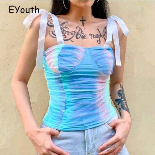 Sexy Lace Up Cross Bow Tie-dye Bodycon Camisole Top 2020 New Summer Women Mesh Gradient Multicolor Splice Tops Party Streetwear