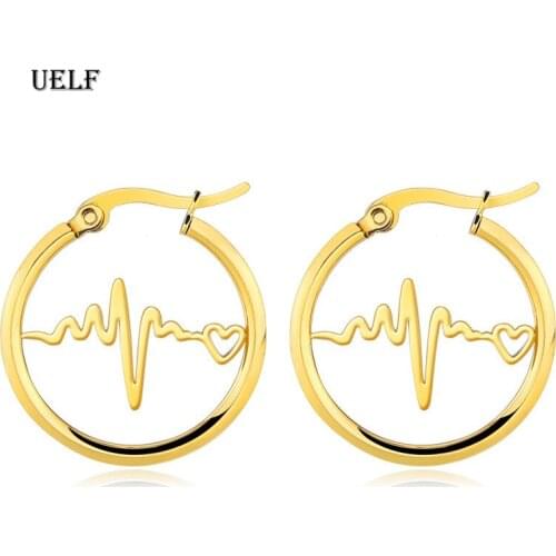 Uelf Stainless Steel Hoop Earrings for Women Girls Minimalist Heartbeat Earings Jewelry Accessories
