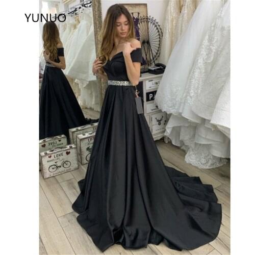 YUNUO Black Evening Dresses Long Off Shoulder Satin A Line Платье На Выпускной 2021 Party Prom Gowns Vestidos De Gala Custom