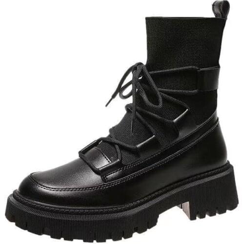 Women Soft Leather Martin Boots 2021 New Boots Thick-soled Womens Boots Spring Autumn Single Boots Black Knitted Short Boots