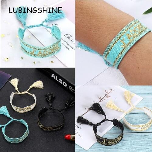 Boho French Romance LOVE J'ADORE Embroidery Friendship Bracelet for Women Adjustable Hand-woven Cotton Rope Tassel Anklets