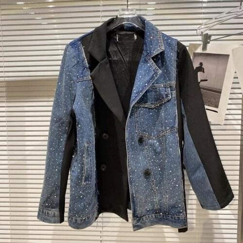 SeeBeautiful Contrast Color Rhinestone Denim Splicing Loose Blazer Coat Long Sleeve Notched Women Autumn 2021 New Fashion G427