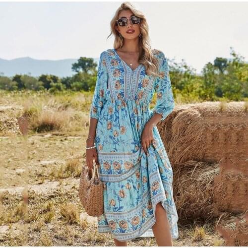 Hirigin Women Summer Bohemian Beach Dress 2021 Floral Print Elastic Waist Half Sleeve V-Neck Elegant Vintage Casual Long Dress