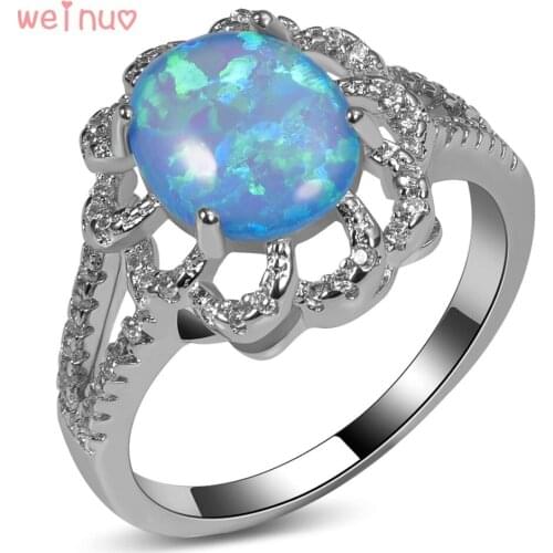 Weinuo Oval Blue Opal Flower Type White Crystal Ring 925 Sterling Silver Top Quality Jewelry Wedding Ring Size 5 6 7 8 9 10 11