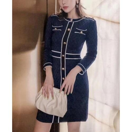 Women Dresses Spring Summer Autumn Long Sleeve Solid Striped O-Neck Mini Elegant Office Lady High Street Chic B