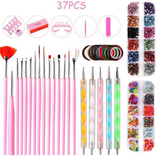 37Pcs)Nail Art Brushes Set:Striping Tape Stickers Rhinestones Decoration Box Dotting Manicure Tools Kit For DIY Design#TB02