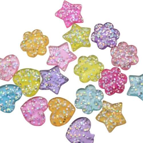 10Pcs Glitter Heart Flower Star Flat back Resin Cabochon Accessories DIY Embellishments for Scrapbooking Phone Decoration Craft