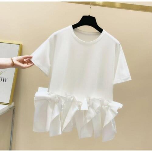 Harajuku Style White Tshirt Women 2021 Summer New Fashion Cool Korean Style Hem Bow Stitching Short Sleeve Cotton T-shirt Tops