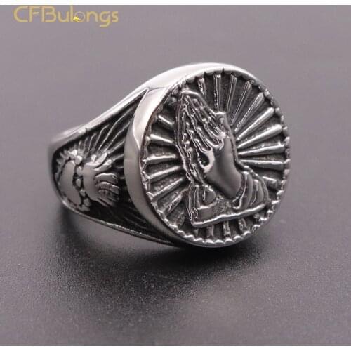 CFBulongs Vintage Hand of the Virgin Mary Men Ring Gold Silver Color Praying Hands Fashion Lucky Jewelry Wedding Ring