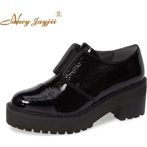 Large Size Black Platform Pumps For Woman Spring Autumn Shoes Cap-Toe Glossy Patent Leather High Round Heel Fashion Beautyfeet