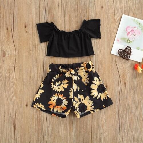 Kids Baby Fashion 2-piece Outfit Set Off Shoulder Crop Tops+Lace-up Sunflower Print Shorts Set for Children Girls 1-5 Years