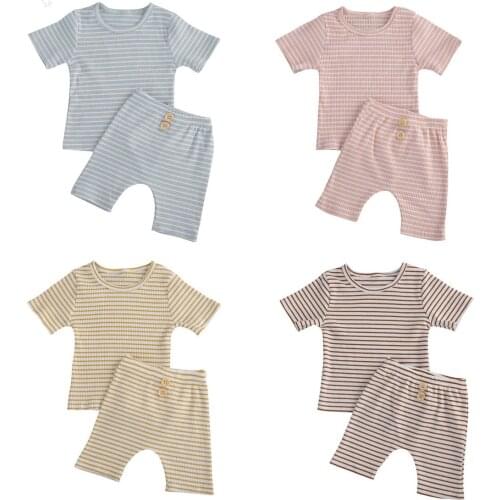 1-4Years Kid Girls Set Striped Ribbed Short Sleeve Classical Top Knee Length Button Pants Set