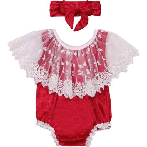 Newborn Baby Girls Lace Floral Collar Bodysuit Sleeveless One Piece Jumpsuit Hair Band Playsuit for Infants Christmas Clothes