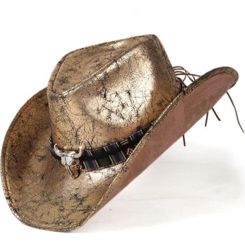 Men Women Leather Western Cowboy Hats Outdoor Gold Rill Brim Jazz Hat Sombrero Hombre Cowgirl Hat Punk Belt Size 58-59CM