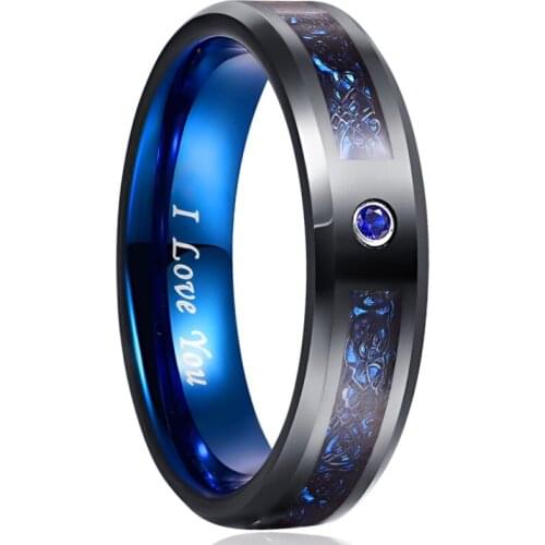 6mm Carbon Fiber Scrub Blue Zircon Men Rings 100% Tungsten Carbide Anillos para hombres Black Dragon