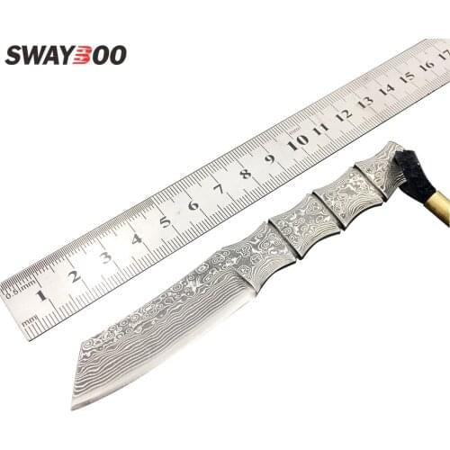 Swayboo Bamboo Shape Damascus Steel Outdoor Camping Knife Portable Survival Hunting Knives With Leather Sheath Fixed Blade