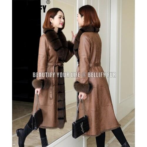 Autumn and Winter superb Luxury genuine sheepskins suede one pieces long outerwear With natural fox fur trim