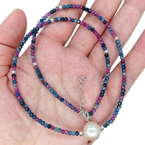 YYGEM 3mm Natural Real Pink Ruby Blue Sapphire faceted round White Keshi Pearl choker Necklace 17.5'' luxury for women