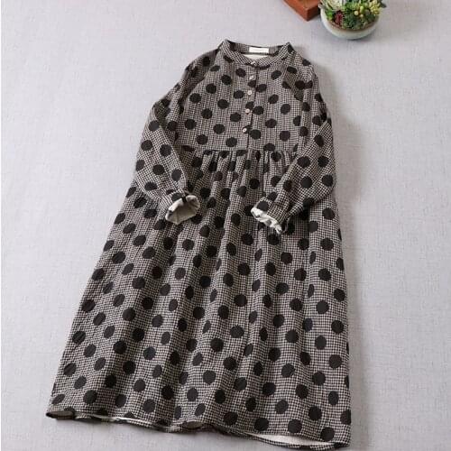 New Spring Women Dress Japan Style Polka Dot Print Loose Mori Girl Stand Collar Cotton Long Sleeve Midi Dress Women