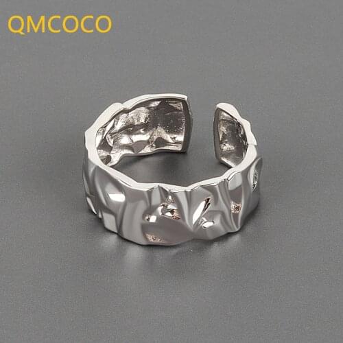QMCOCO 925 Silver Concave-Convex Irregular Surface Hand Open Adjustable Vintage Wide Ring For Women Jewelry Gifts