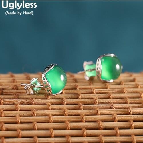 Uglyless Forever Young Pretty Green Chalcedony Studs Earrings Women Heart Square Earrings Glossy 925 Silver MINI Brincos Bijoux