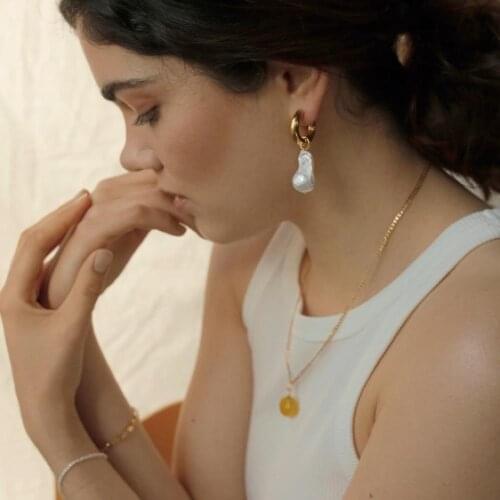 Titanium With 18 K Gold Real Natural Baroque Pearl Drop Earrings Punk Party Gown Runway Glam Korean Japan INS Boho