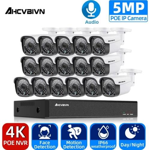 AI 16CH 4K Ultra HD POE Network Video Security System 8MP H.265+ NVR With 16pcs 5MP Audio Record POE IP Camera CCTV Security Kit