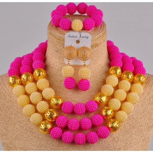 Stylish fuchsia pink and gold 3 layers big simulated pearl bead costume necklace african set nigerian wedding jewelry sets