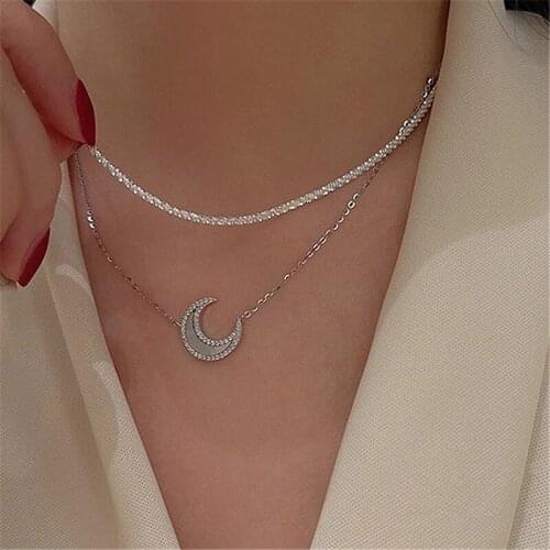 Korean Fashion Shinny moon crystal Choker Necklace Aesthetic for women girls Double Layer Elegant Neck Chains Pendants Necklace