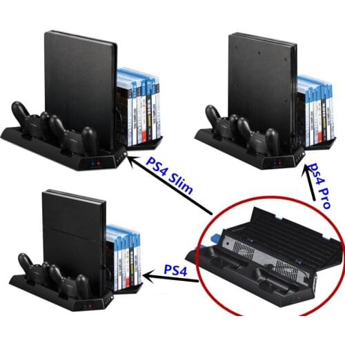 Vertical Stand for PS4/ PS4 Slim/ PS4 Pro Console- Cooling Fan with Game CD Storage + Controller Gamepad Charger Station 3 in 1