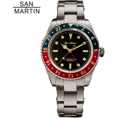 San Martin Vintage GMT SN005 6542 Stainless Steel Retro Men Watches Water Ghost Luxury Automatic Mechanical Male Wrist watch Men