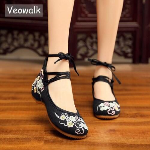 Veowalk Ankle Strap Women Canvas Embroidered Ballet Flats Chinese Style Ladies Casual Walking Shoes Comfort Cotton Ballerinas