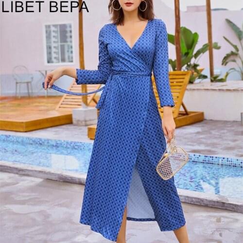 2021 New Autumn Women Dress Vintage Elegant Geometric Asymmetrical Big Hem Sashes V-Neck Three Quarter High Waist Dress DR7648