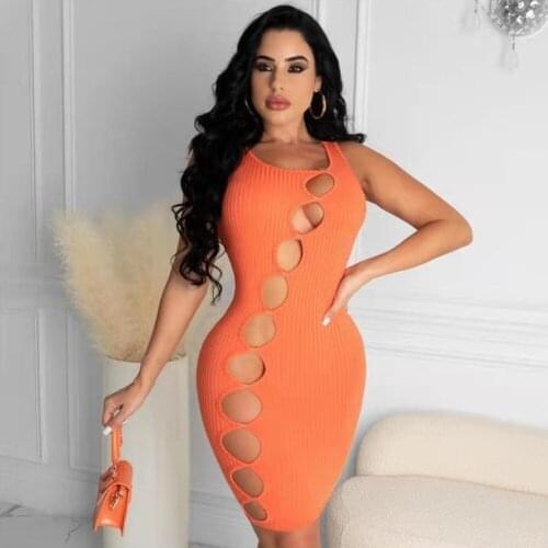 Neon Orange Elastic Hight Knitted Skinny Dress for Women Scoop Neck Sleeveless Package Hip Dress Fashion Hollow Front Vestidos