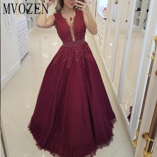 Burgundy Evening Dresses 2020 Embroidery Pearl Beading Belt Floor Length Evening Dress Long Formal Gowns vestidos