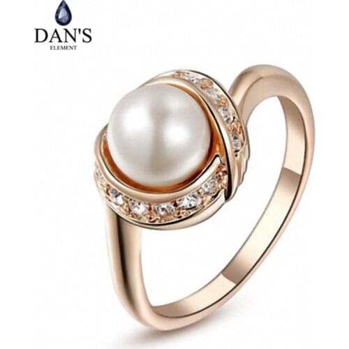 Dans Element Brand Austrian Crystal Rose Gold Color Fashion Wedding Simulated-Pearl Rings for Women New Wholesale DER93137