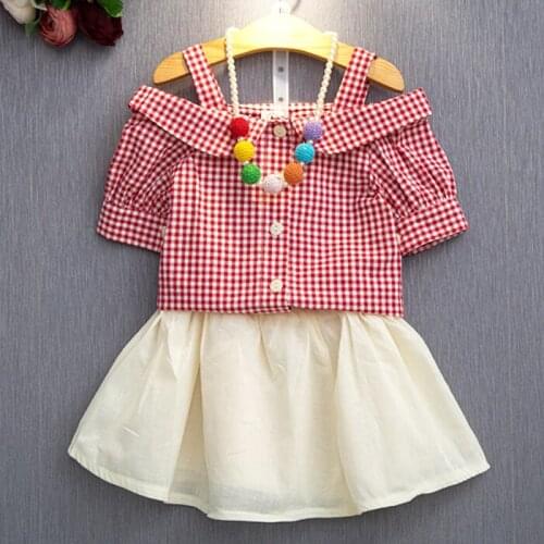 2019 children summer sets Kids new casual red plaid cotton shirt + Beige skirt clothing set for girls 3-8 years