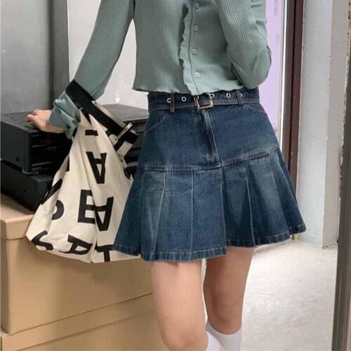 MyErato Retro Washed Denim Pleated Mini Skirt Ladies Summer High Waist Jeans Shorts Skirts Women Ruffles Fashion Korean Vintage