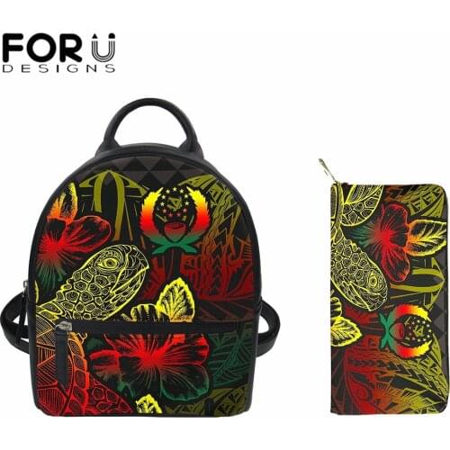 FORUDESIGNS 2Pcs/Set Women PU Leather Backpack with Purse Polynesian Tribes Turtle Flower Design Female Casual Shoulder Bag New