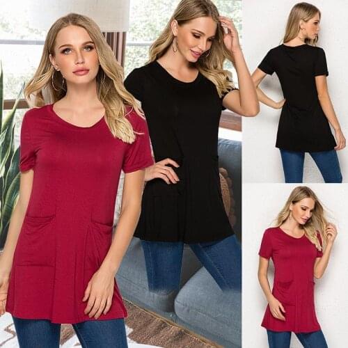 Fashion T-shirt Women Elastic Basic Plain T Shirt With Pocket Short Sleeve Tops Pure Color Cropped Tee Summer