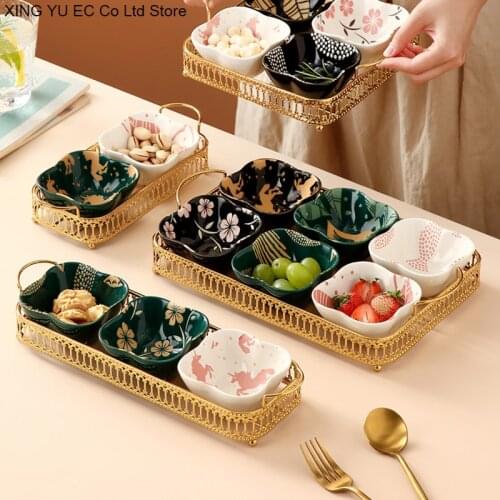 Grid Ceramic Platter Nordic Creative Dried Fruit Plate Golden Iron Rack Snack Plate Modern Living Room Household Tableware