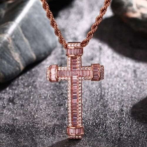 BOEYCJR Rose Gold Color AAA Zircon Copper Cross Necklace&Pendant Fashion Jewelry Rotatable HipHop Punk Necklace For Men or Women
