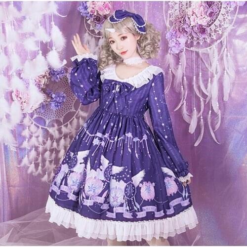 Sweet princess lolita dress vintage lace bowknot high waist cute printing victorian dress kawaii girl gothic lolita op loli cos