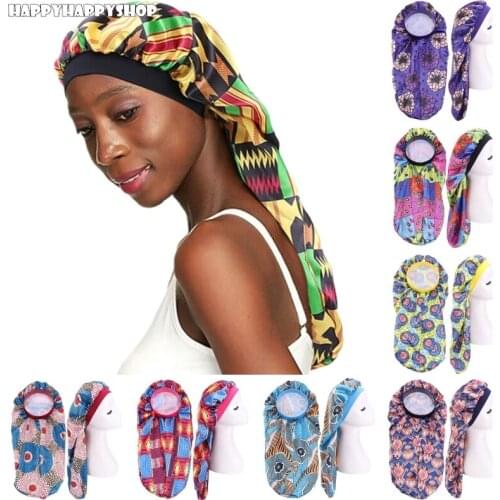 Fashion Long Cylindrical Bonnet Satin Night Sleep Cap Hair Care Chemo Cancer Hat Muslim African Printed Elastic Turban Headwear