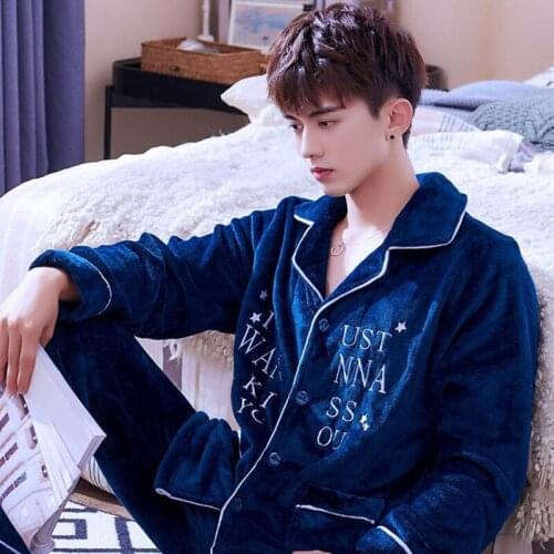 Male Pajamas Men Warm Thickened Sleepwear Suit Long Sleeve Coral Fleece Flannel Leisure Autumn Winter Nightgown Household H5633