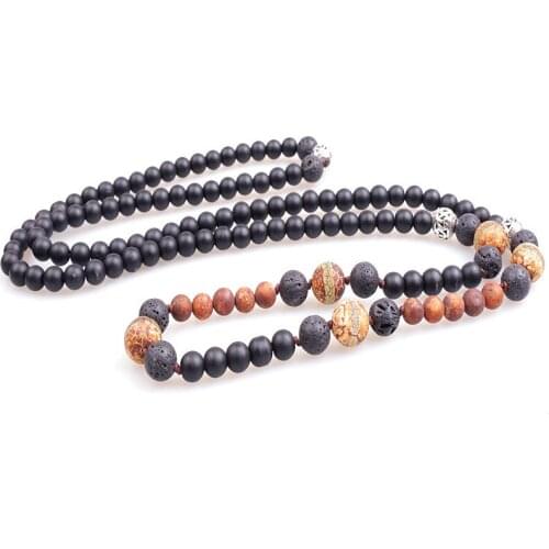 Handmade Mens Black Lava Stones with Tibetan Dzi Stripe Green carnelian 6mm and 8mm Beads Long Necklace Fashion Jewelry