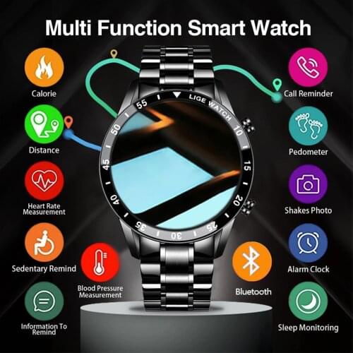 LIGE 2021 Full circle touch screen steel Band luxury Bluetooth call Men smart watch Waterproof Sport Activity fitness watch+box