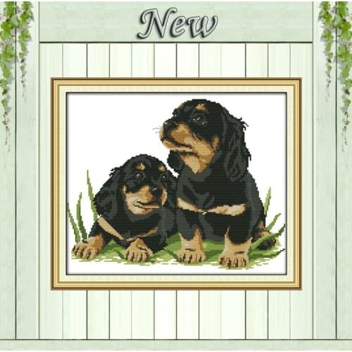 Two black dogs baby (3) animal Counted print on fabric DMC 14CT 11CT Cross Stitch Needlework kit Embroidery Sets Home wall Decor