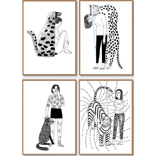 Illustract People and Animal Wall Art Poster Black White Canvas Wall Art Print Decorative Picture Nordic Picture for Living Room